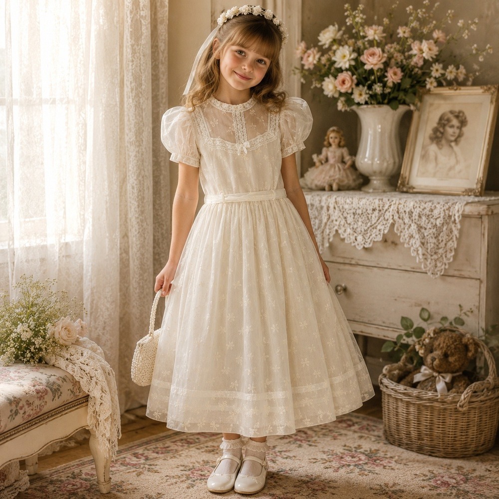 Bernadette Vintage Dress Girls 5/6 Cream Coquette Cottagecore Romantic Aesthetic